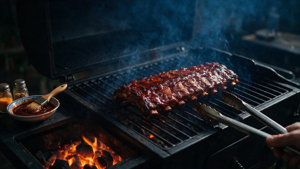 A rack of ribs unwrapped, sauce set and tacky, bending over tongs.