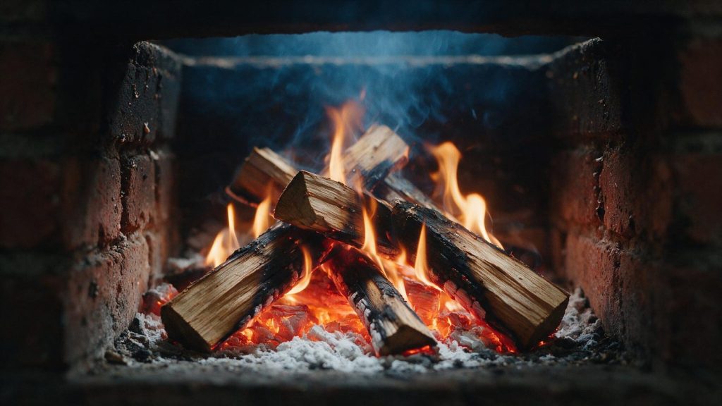 Apple wood burning in a firebox with a clean flame.