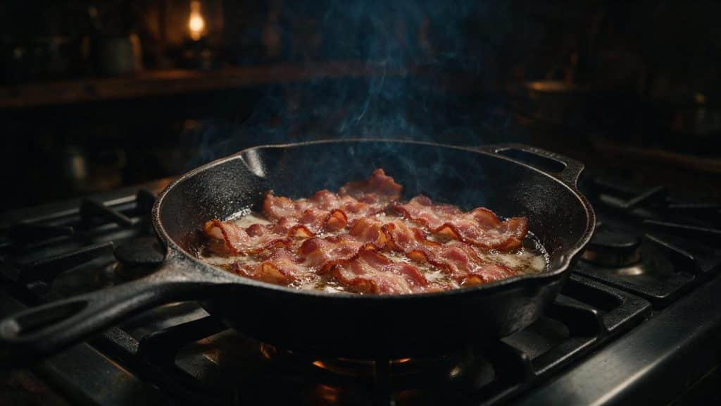Thick-cut bacon rashers frying and curling in a cast-iron pan.
