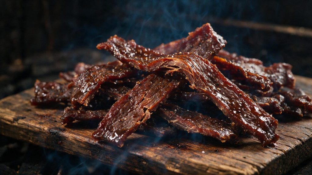 Finished beef jerky strips bending and cracking, piled on a wooden board.