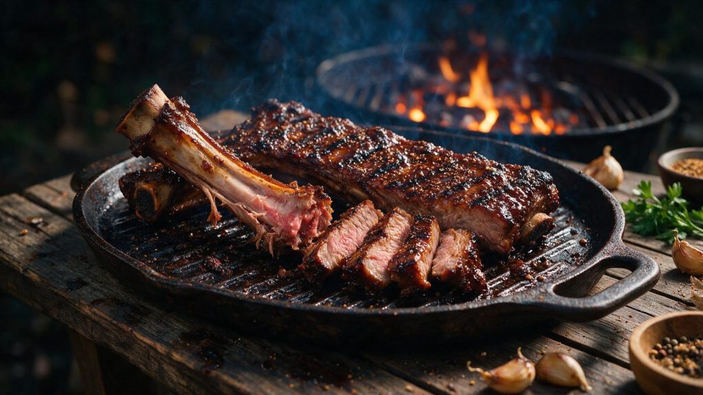 A beef rib bone pulled clean, meat sliced beside it.