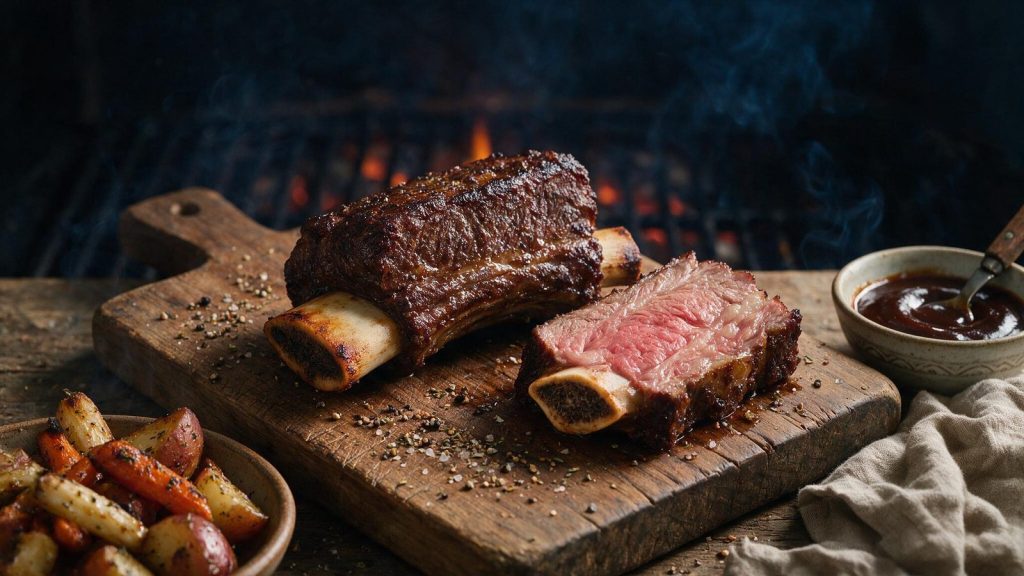 A beef short rib sliced away from the bone showing rendered fat.