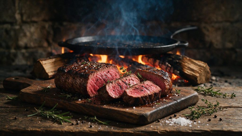 Beef tenderloin sliced into thick medallions showing a rare centre.