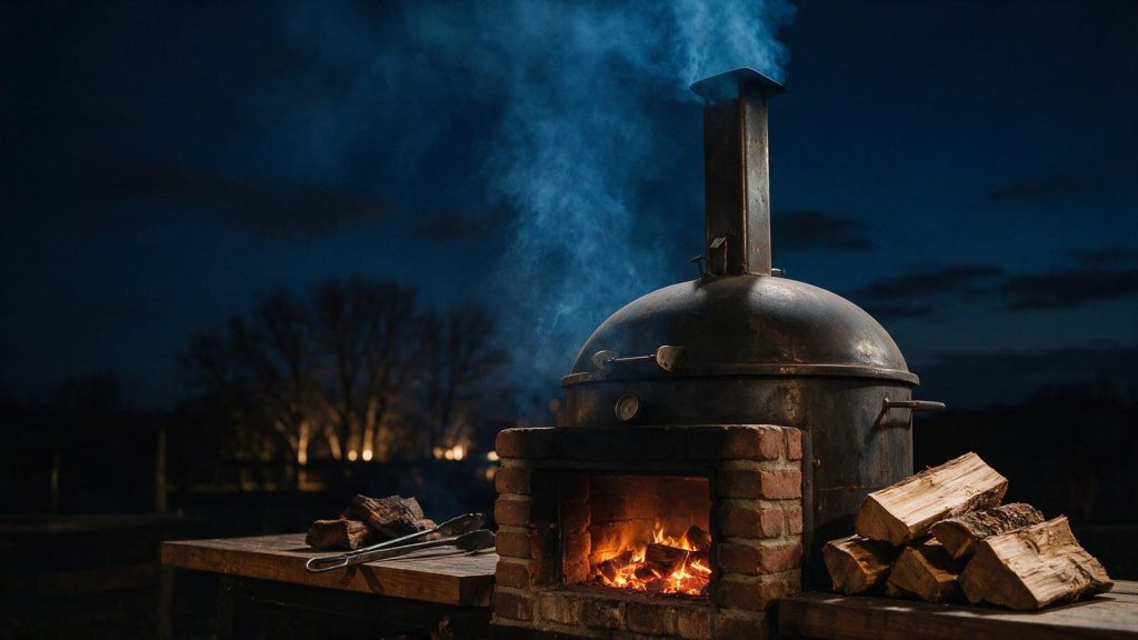 Thin blue smoke rising from a smoker stack against a dark sky.
