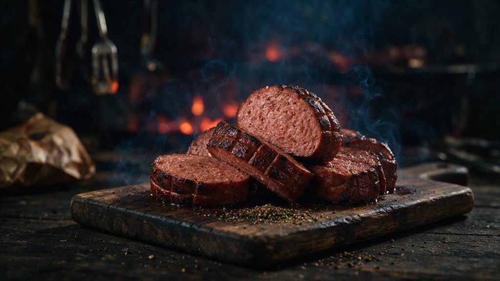 Thick slices of smoked bologna with charred scored edges on a board.