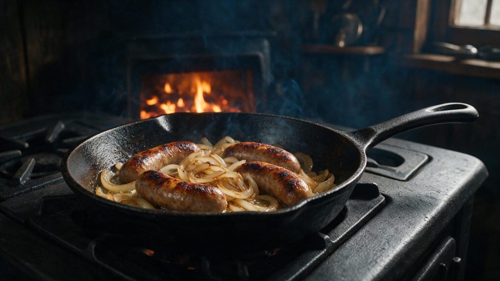 A bratwurst finishing in a cast-iron pan with sliced onions and beer.