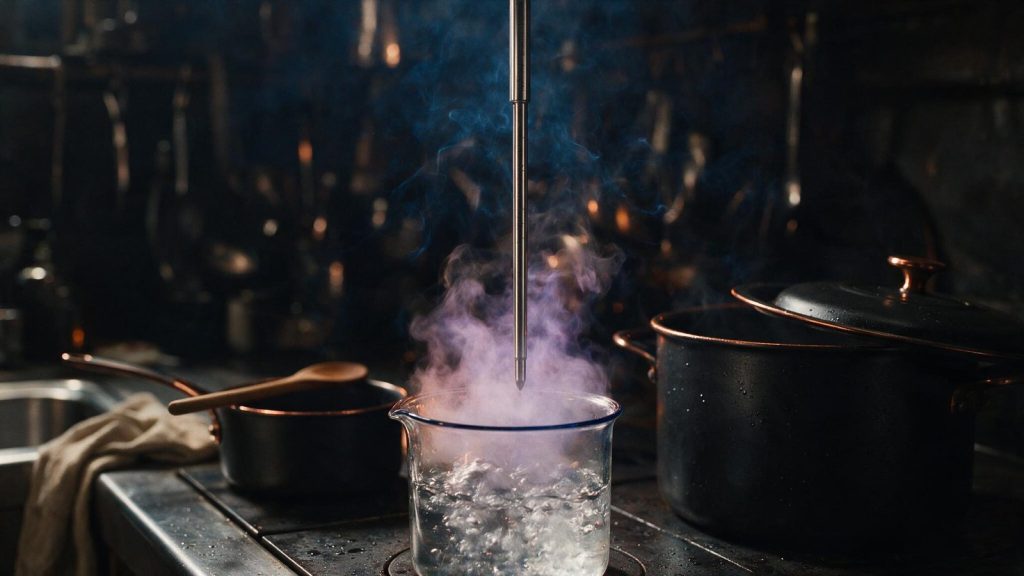 A thermometer probe held in the steam above boiling water.