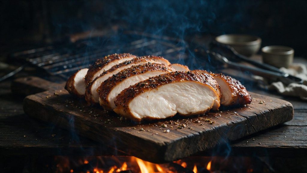 A smoked chicken breast sliced showing a juicy white interior.