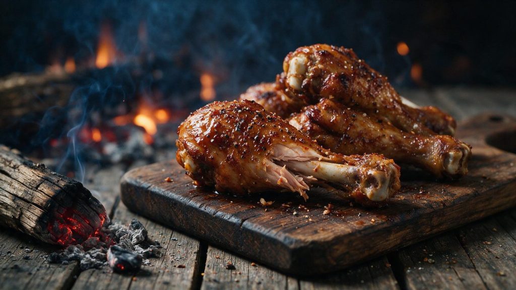 A smoked chicken drumstick bitten through, showing meat pulling from the bone.