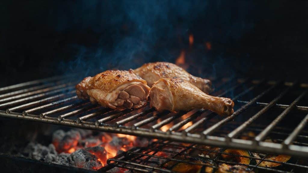 A chicken leg quarter cut at the joint showing the thigh and drumstick meat.