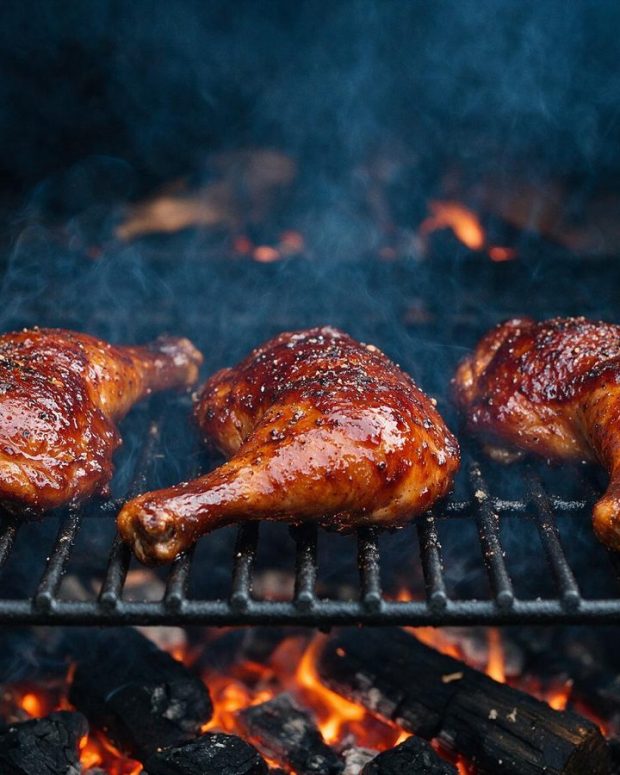 Chicken leg quarters with crisp mahogany skin on a smoker grate.