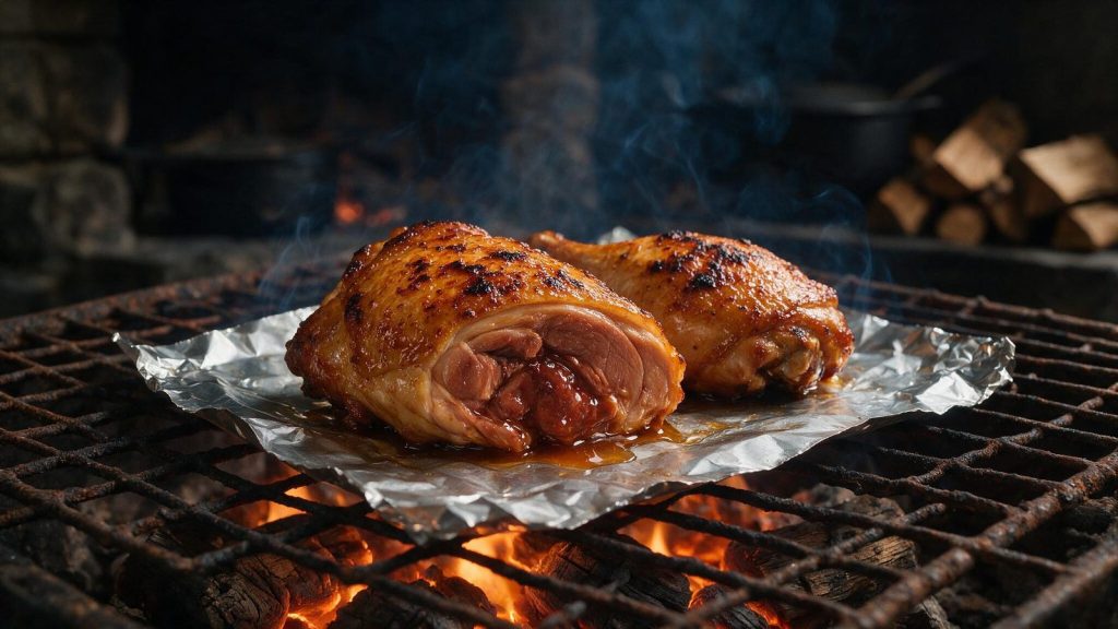 A smoked chicken thigh cut open showing dark juicy meat.