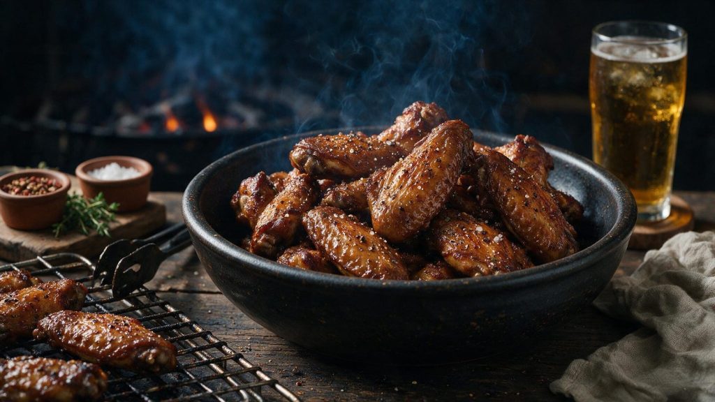 Smoked chicken wings piled in a bowl, glistening.