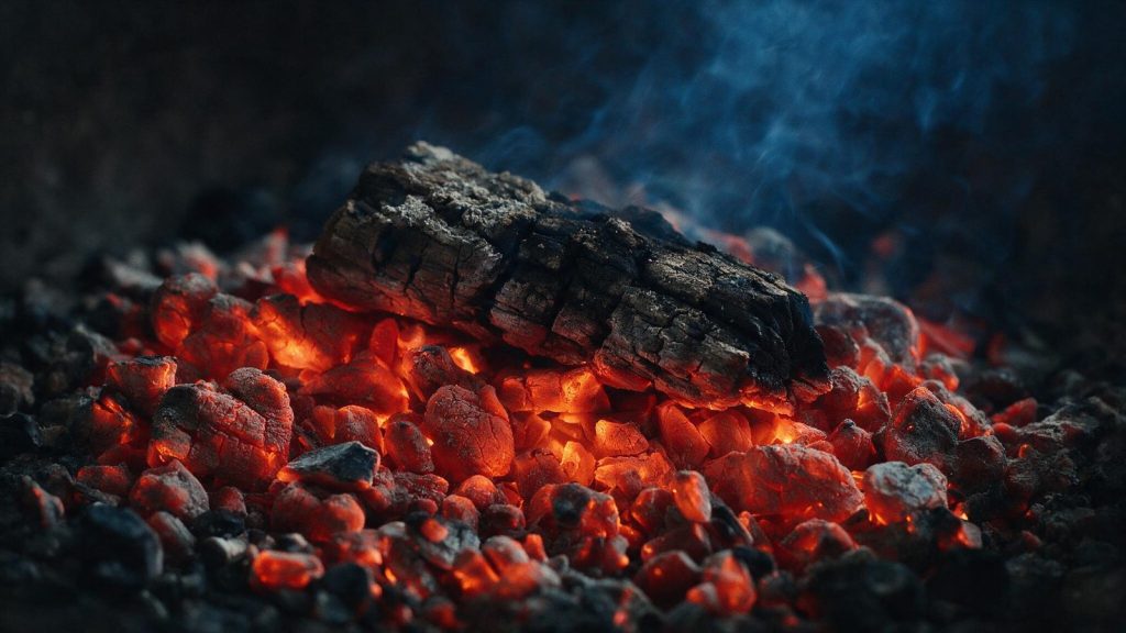 Chunks and splits, a wood chunk smouldering on a bed of coals.