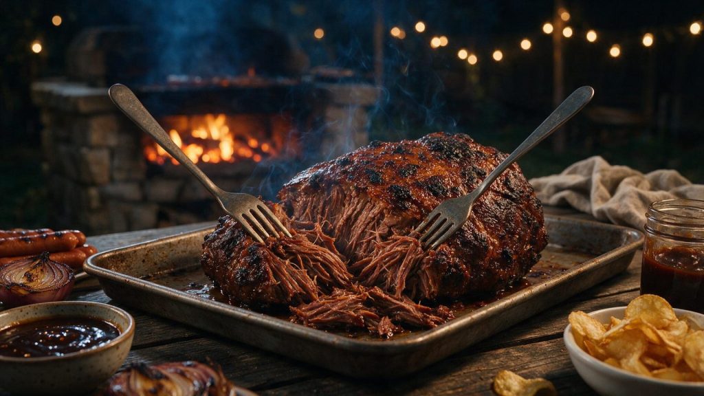 A smoked chuck roast pulled apart into strands with two forks.