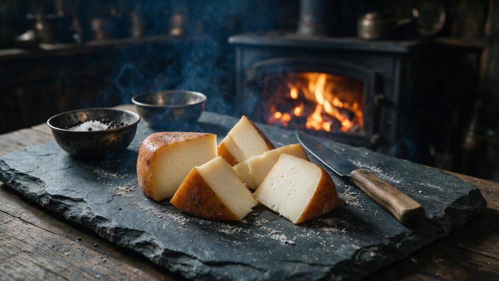 Cold-smoked cheese wedges cut open on a slate board.