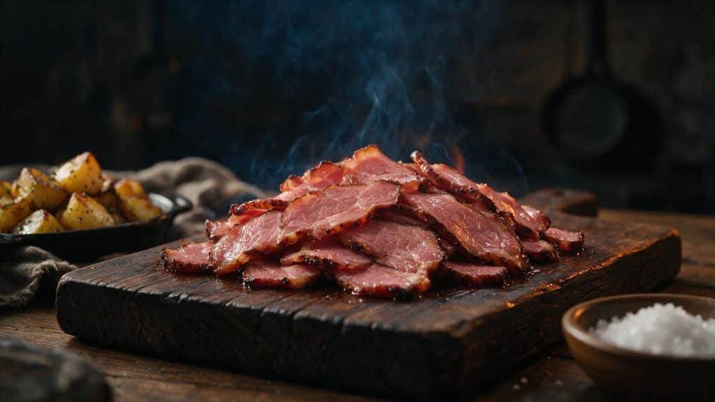 Smoked corned beef sliced thin against the grain on a board.