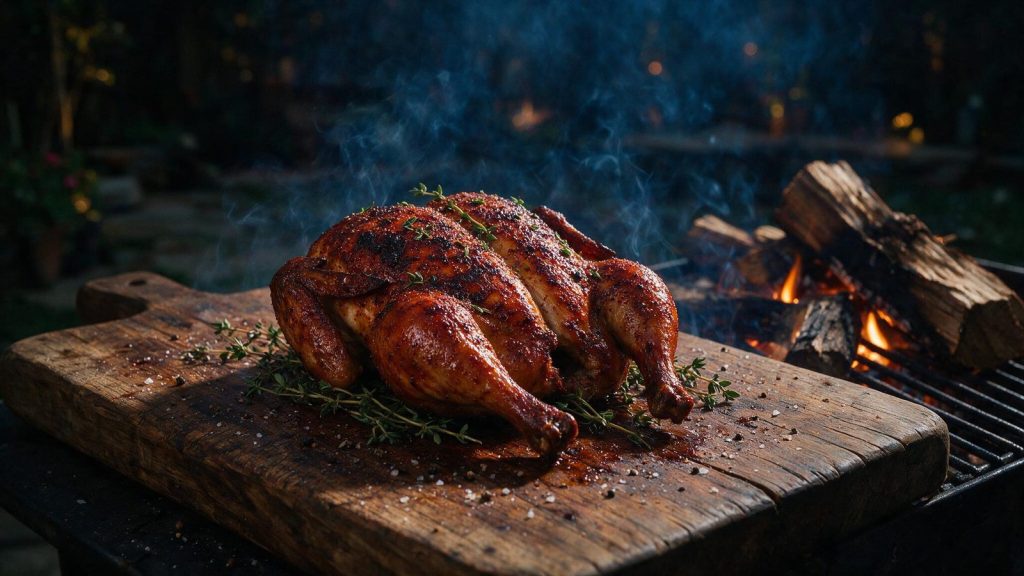 A smoked cornish hen split down the middle on a wooden board.