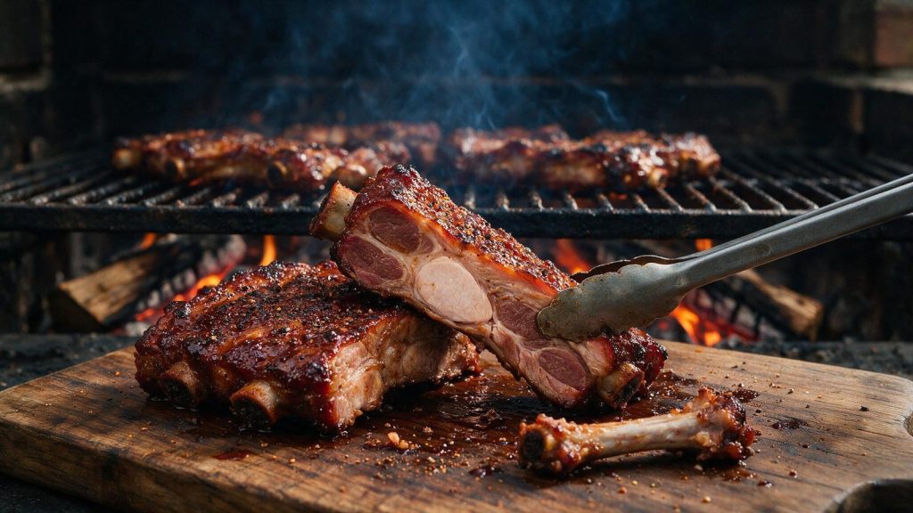 A country style pork rib pulled apart with tongs showing the pale loin muscle beside the darker shoulder muscle.