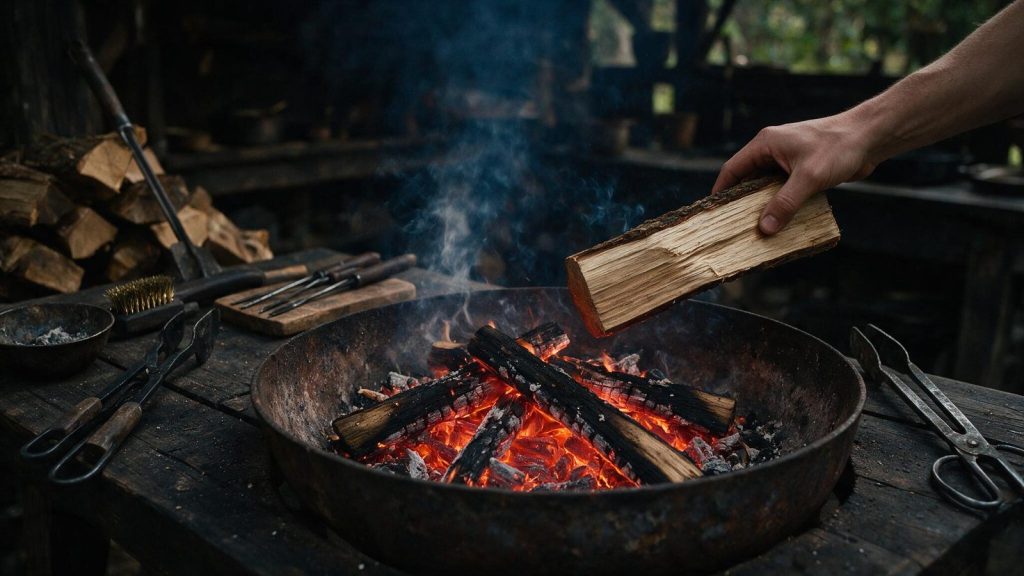A hand adding a split log to a bed of glowing coals.