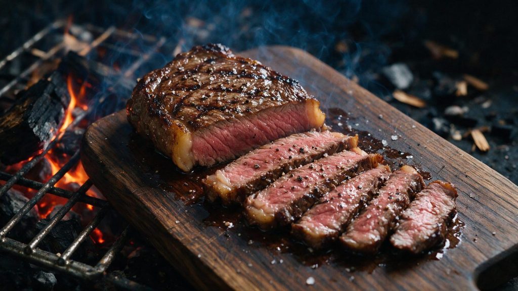 Flank steak sliced thinly across the grain and fanned on a dark board.