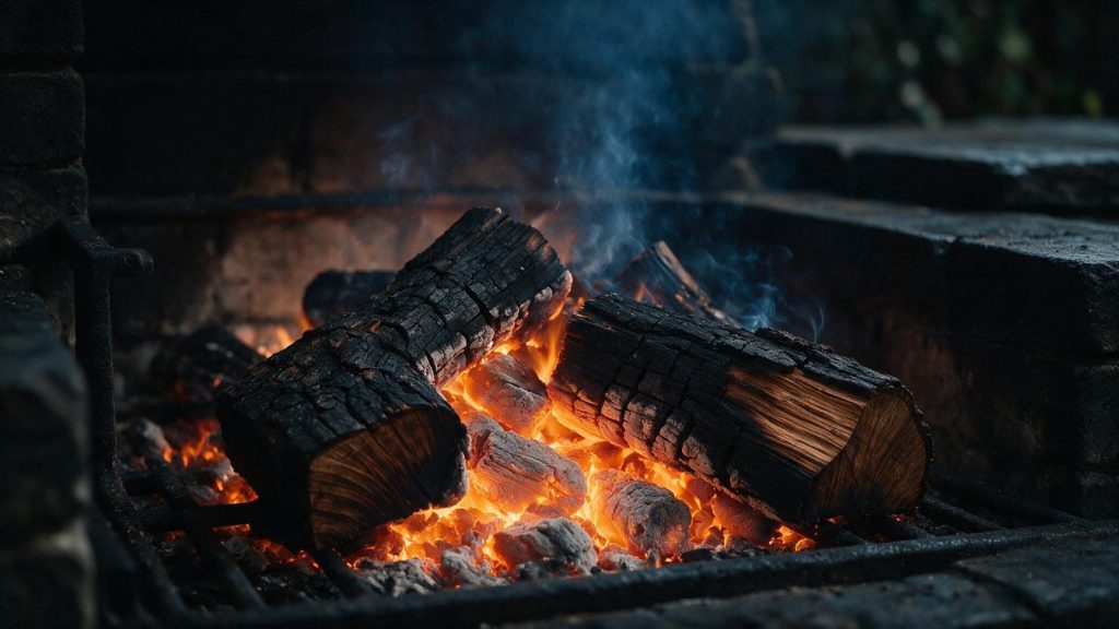 Hickory wood burning down to coals in a firebox.