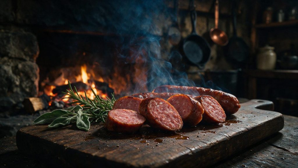 Kielbasa sliced on the bias on a dark board, interior visible.