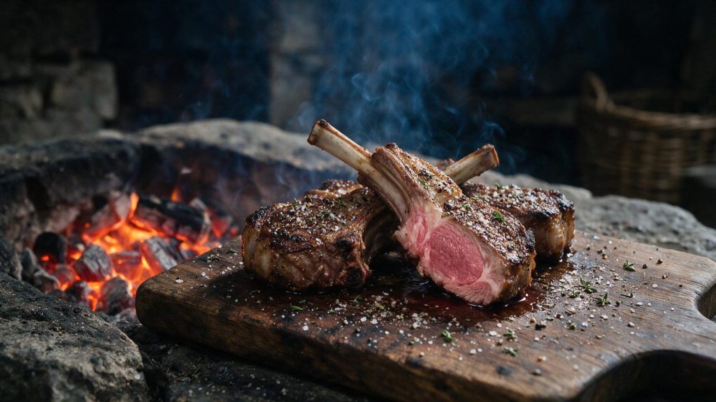 A smoked lamb chop cut open showing a pink interior beside the bone.