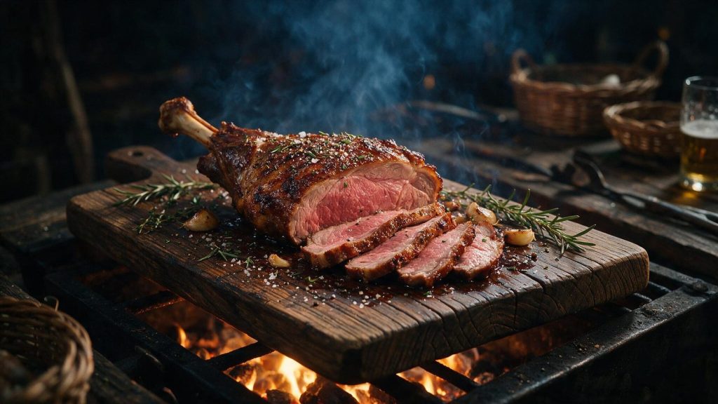 A leg of lamb carved into thin slices on a wooden board.