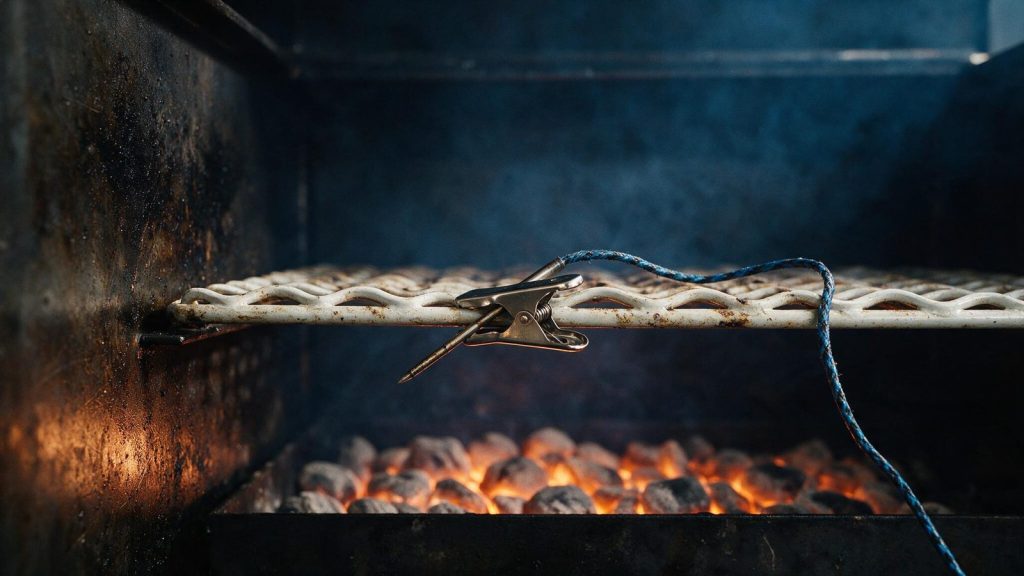 A wired probe clipped to a cooking grate inside a smoker.