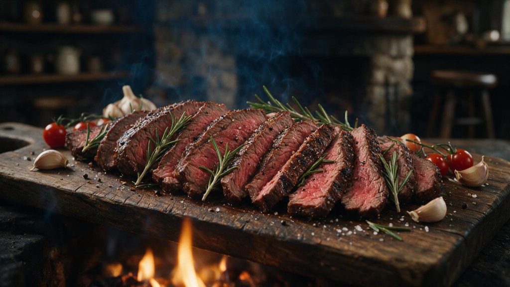 A london broil sliced very thin across the grain, fanned out on a board.