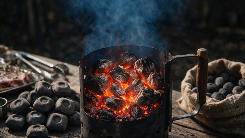 A chimney starter full of glowing charcoal.