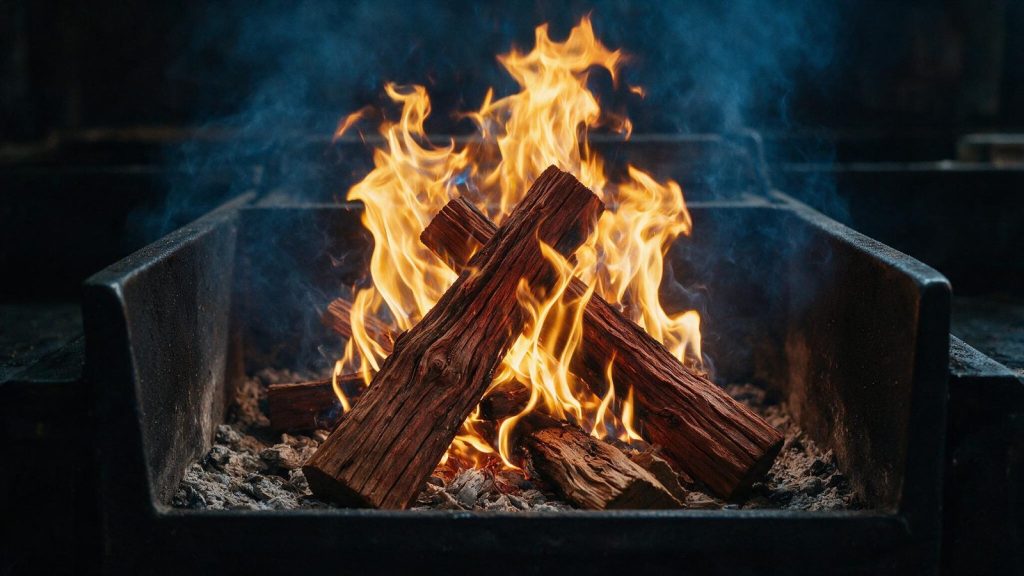 Mesquite burning hot and fast in a firebox, bright flame.