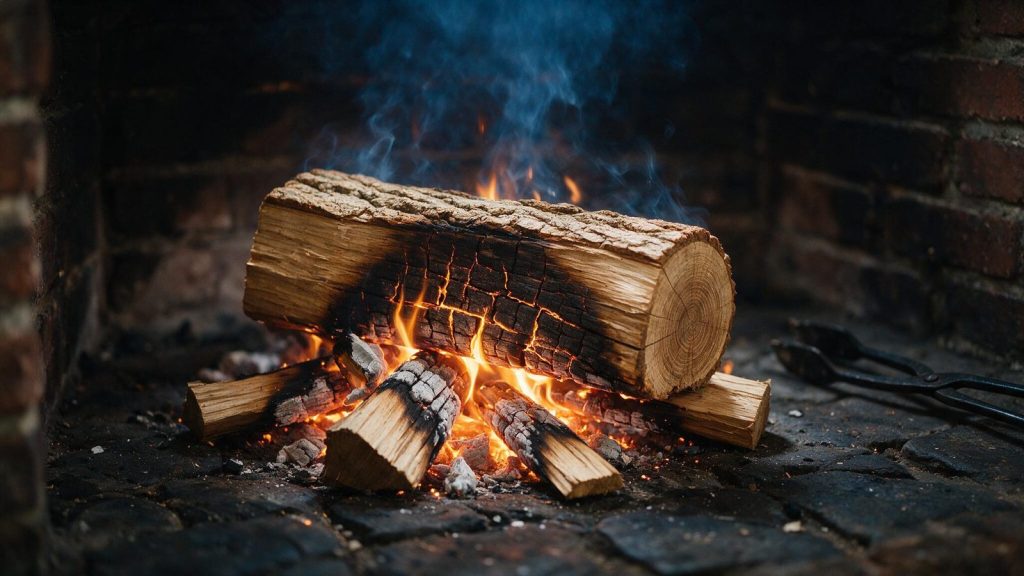 An oak split catching fire in a firebox.