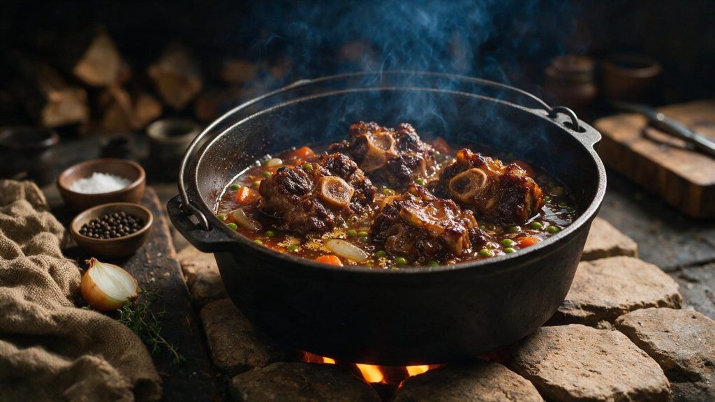Smoked oxtail braising in a dark cast-iron pot with rich liquid.