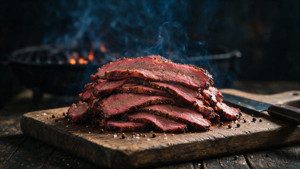 Hand-sliced pastrami stacked thick on a wooden board, pink smoke ring visible.