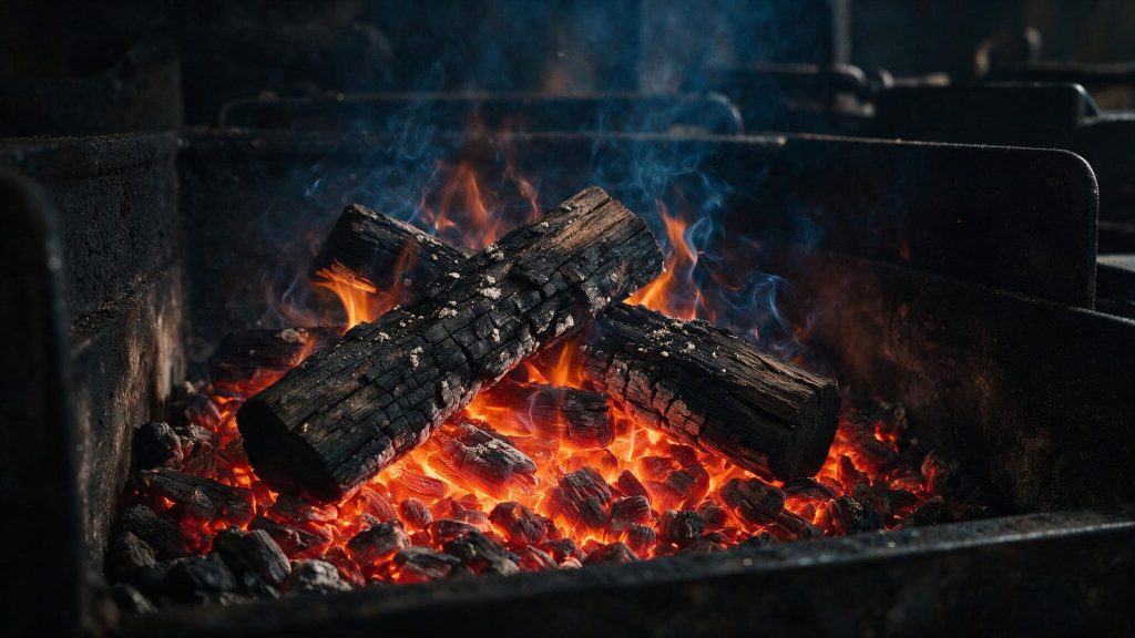 Pecan wood coals glowing in a firebox.
