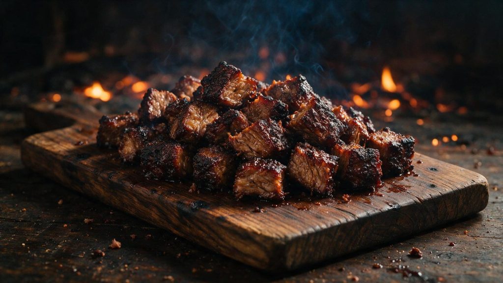 Poor man's burnt ends piled on a board, dark caramelised faces.