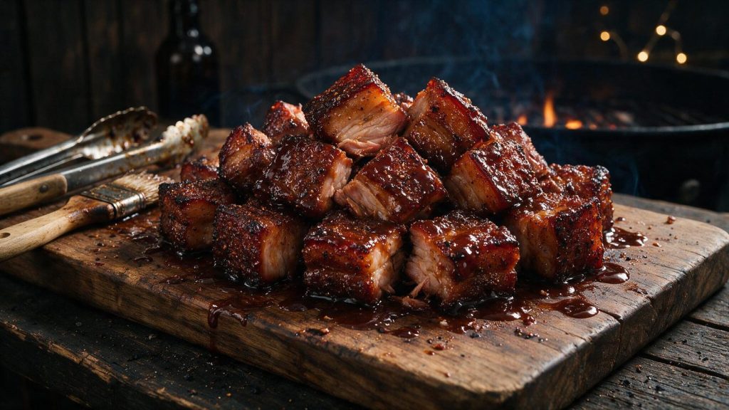 Pork belly burnt ends piled on a board, caramelised on every face.