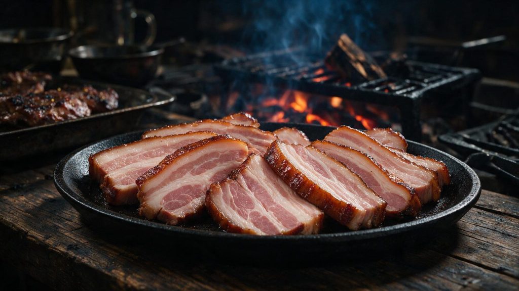 A smoked pork belly sliced thick showing alternating fat and meat layers.