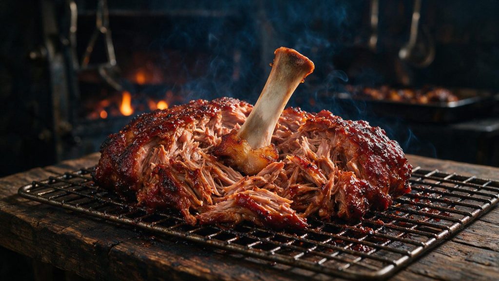 A pork butt pulled into strands with the blade bone lifted out clean.