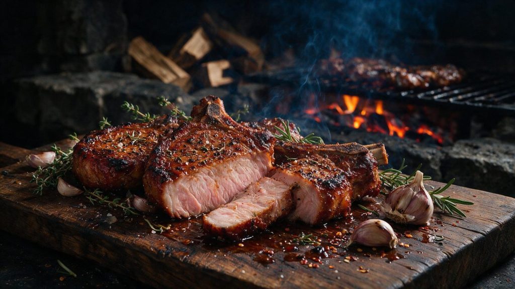 A smoked pork chop sliced beside the bone showing a juicy pale interior.