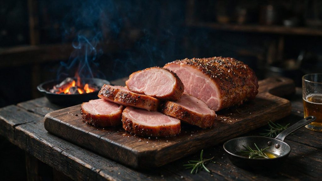 A smoked pork loin sliced into medallions on a wooden board.