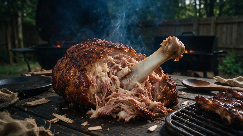 A picnic shoulder pulled apart into strands with the blade bone lifted clear.