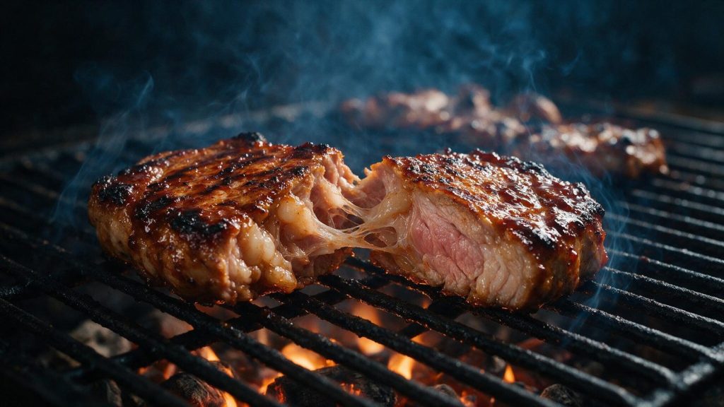 A pork steak pulled apart showing rendered fat and connective tissue.