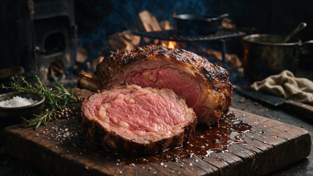A prime rib carved into a thick rosy slice with a dark crust.