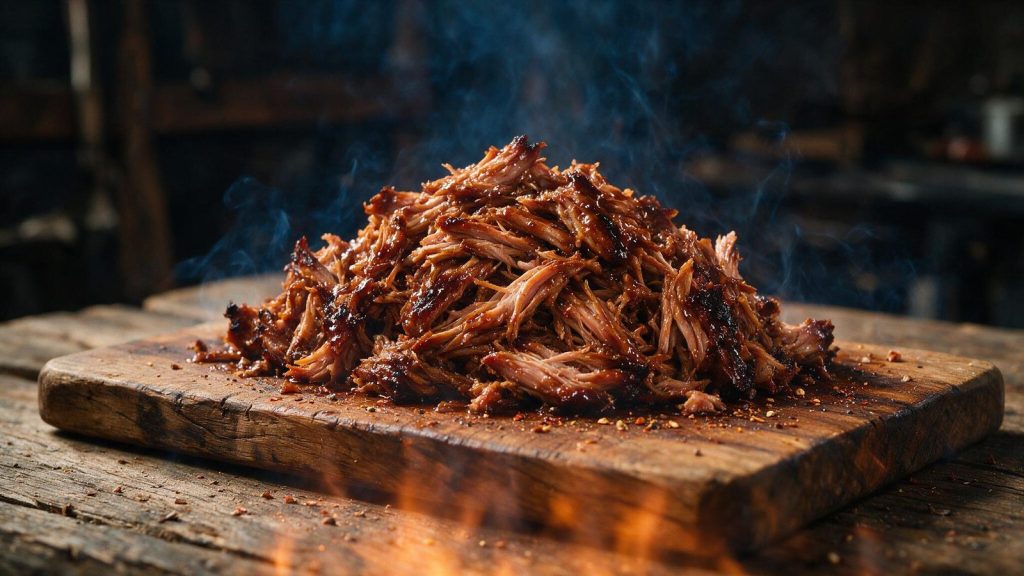 Pulled pork piled high, strands glistening, on a wooden board.