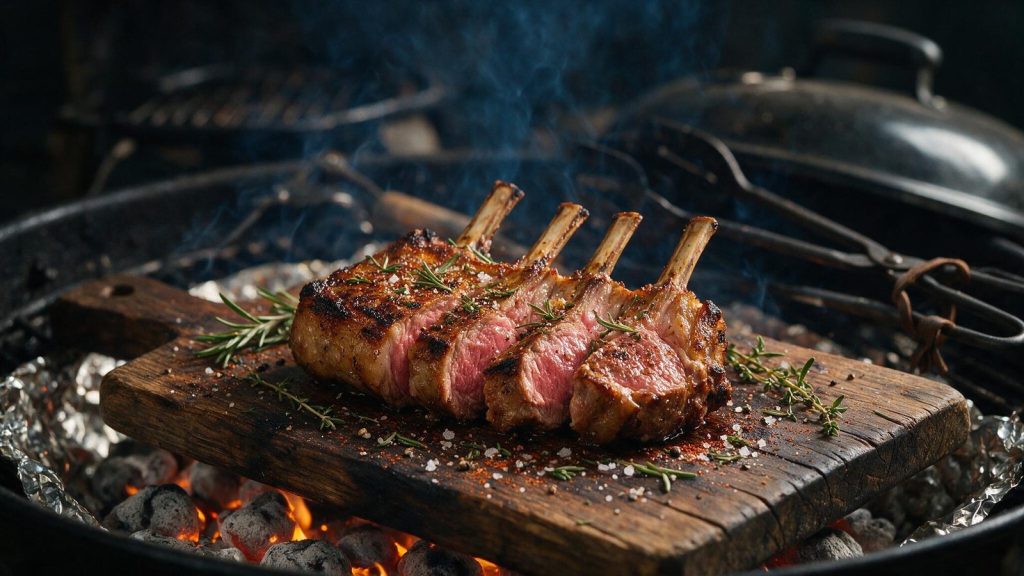 A rack of lamb carved into individual chops showing rosy centres.