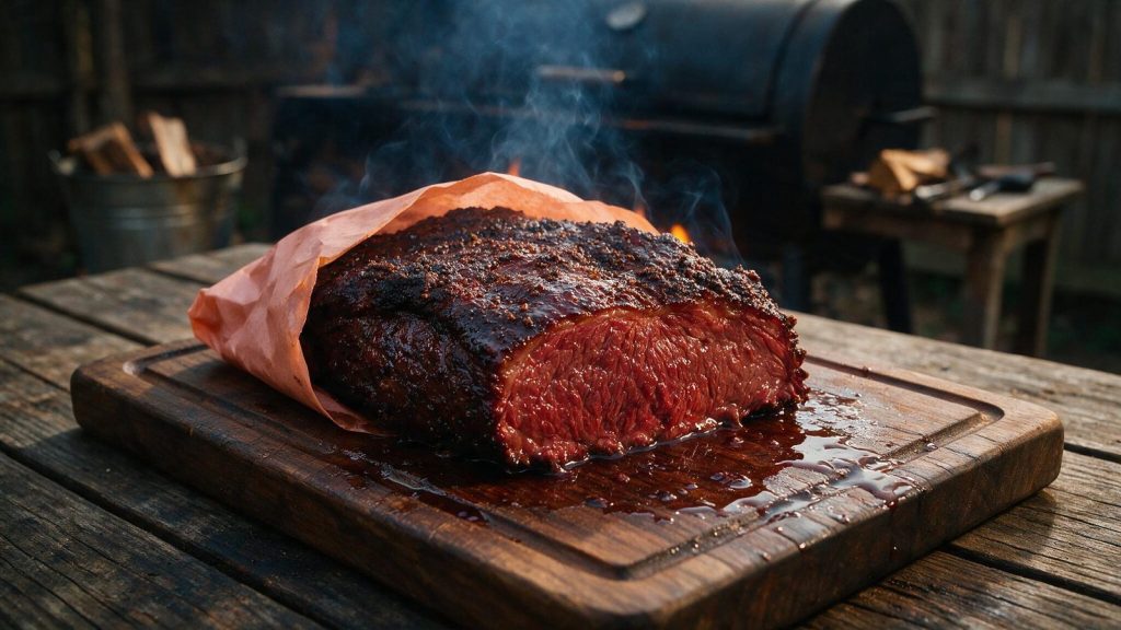 A rested brisket unwrapped on a board, juices pooling.