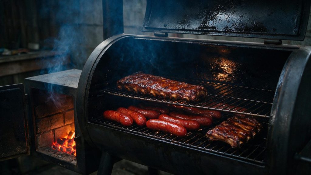 The inside of an offset smoker chamber coated in dark polymerised oil.